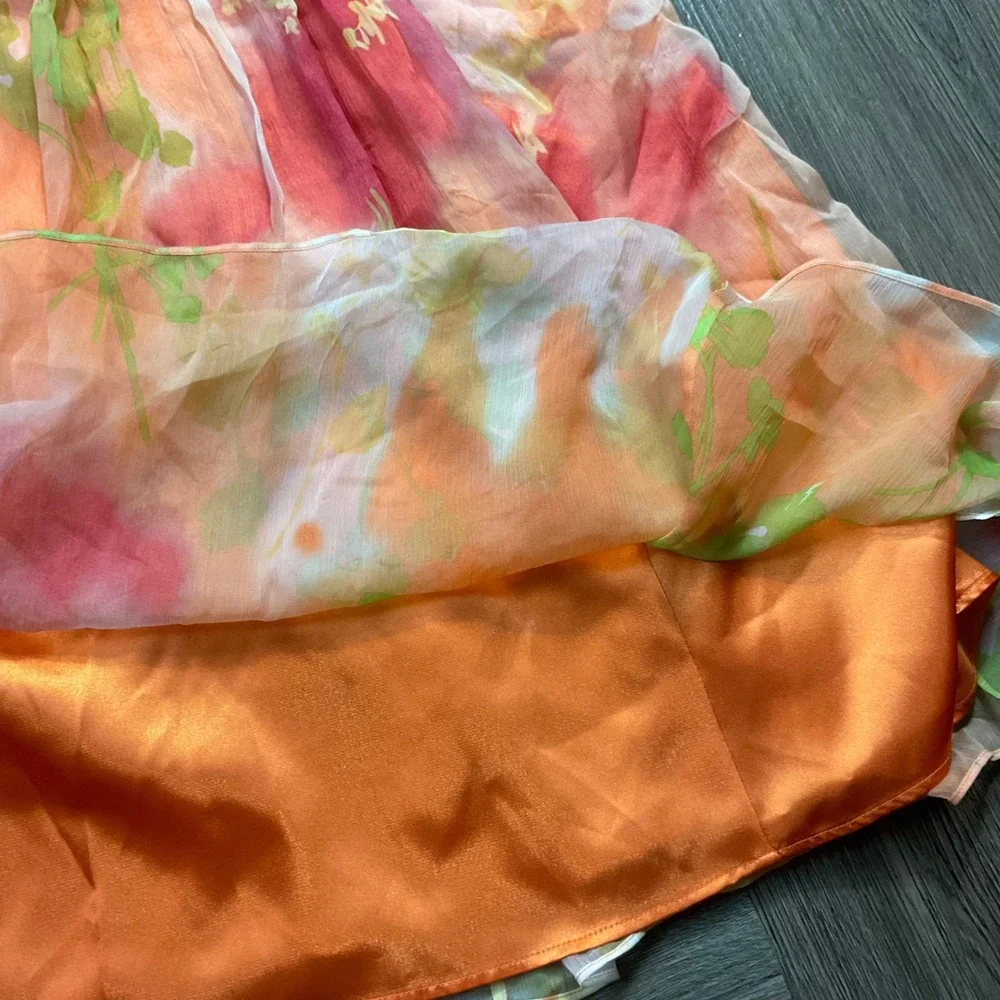 Laundry by Shelli Segal 100% Silk Watercolor Floral Dress Womens 4 Orange Pink - Picture 7 of 12
